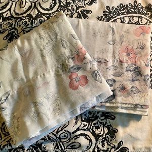 Two White Sheer Curtains with Pink & Blue Flowers